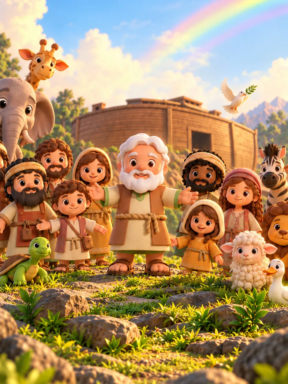 Noah, his family and the animals in front of the ark